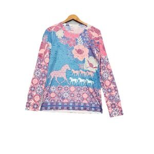 Sundance Whimsy Rose Baby Waffle Knit Top Size Large Horse Print Boho Indie USA